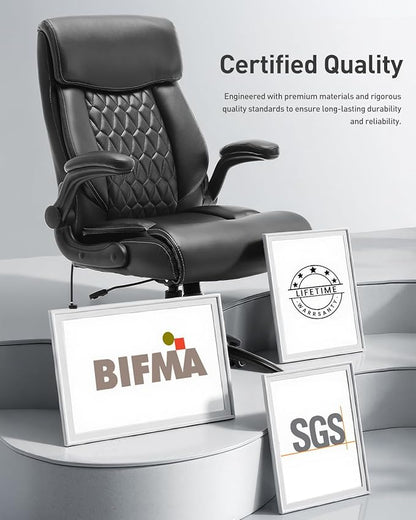 500LBS Big and Tall Office Chair, Heavy Duty Office Desk Chair with Padded Flip-Up Arms, Adjustable Lumbar Support & Tilt Lock, High Back Ergonomic Executive Computer Chair for Work & Study, Black
