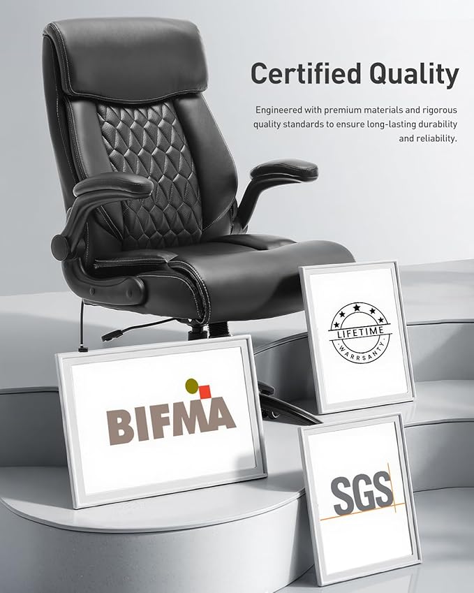 500LBS Big and Tall Office Chair, Heavy Duty Office Desk Chair with Padded Flip-Up Arms, Adjustable Lumbar Support & Tilt Lock, High Back Ergonomic Executive Computer Chair for Work & Study