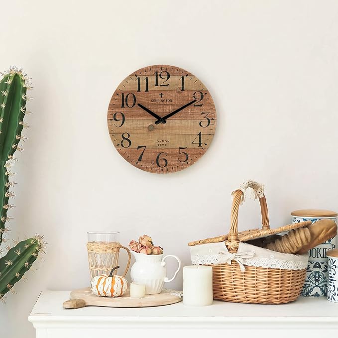 NIKKY HOME Rustic Farmhouse Wood Wall Clock - 12 Inch Battery Operated Silent Non Ticking Distressed Wooden Shiplap Clock for Kitchen, Living Room, Bedroom, Bathroom