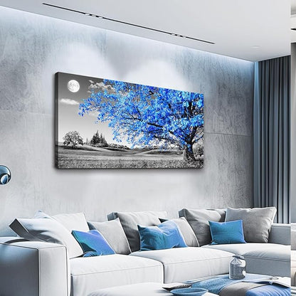 wall art for living room Simple Life Blue moon tree landscape Abstract painting office Wall Decor 24" x 48" single Pieces Canvas Prints Ready to Hang for Home Decoration Black and white Works of art