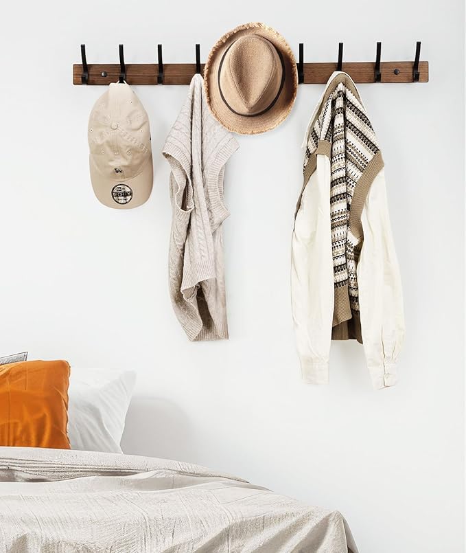 Coat Rack Wall Mount, 16.5 Inches Wood Coat Hooks, Wall Hooks for Hanging, Hat Rack Bag Hanger Key Holder for Wall, Purse Hanger Towel Racks for Bathroom (1Pack, Brown)