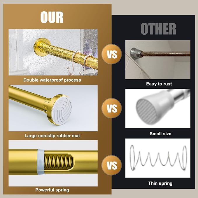 Ausemku Shower Curtain Rod 32-65 Inch Adjustable - 1 Inch Diameter Heavy Duty No drill Spring Tension Shower Rod, Non-Slip Rustproof Telescopic Rod for Bathroom, Gold