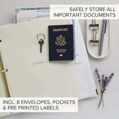 Important Document Organizer Set with Folders - Complete Linen Ring Binder Set Safely Stores All Documents & Files in One Place - Easy to Use Expanding Storage Incl. Envelopes, Pockets & Labels