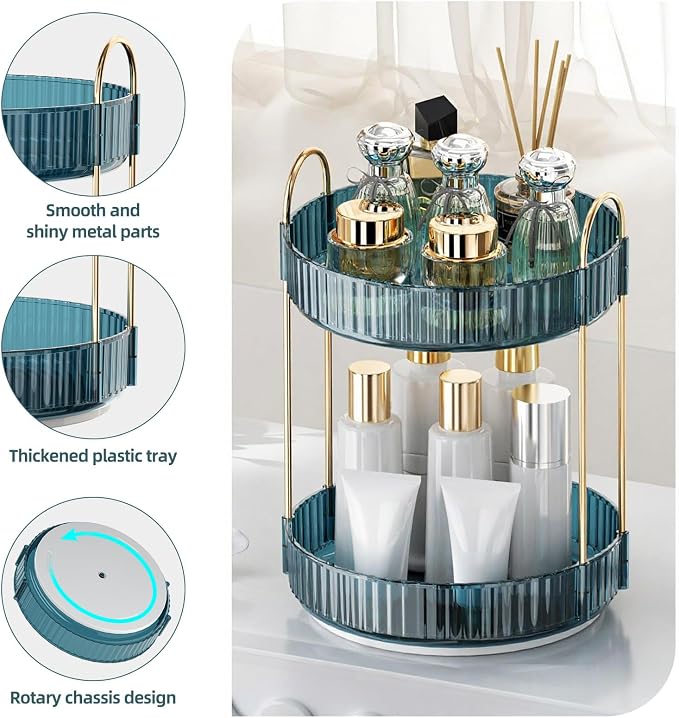 INVSSENE 360° Rotating Makeup Organizer, Bathroom Organizers and Storage Holder Rack, Large Capacity Vanity Shelf Countertop, Fits Cosmetics, Perfume, Skin Care(Blue, 2 Tiers)