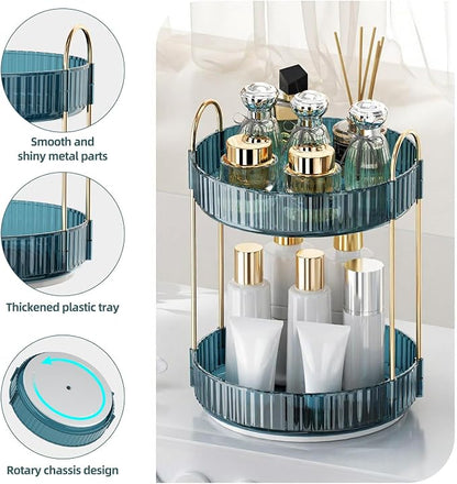 INVSSENE 360° Rotating Makeup Organizer, Bathroom Organizers and Storage Holder Rack, Large Capacity Vanity Shelf Countertop, Fits Cosmetics, Perfume, Skin Care(Blue, 2 Tiers)