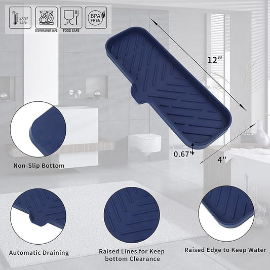 MicoYang Silicone Soap Dish with Drain Spout — Self-Draining Double Sink Organizer Tray for Kitchen & Bathroom, Dispensers, Sponges & Soap Holder, Non-Slip & Dishwasher Safe, Navy Blue (Large, 12"×4")