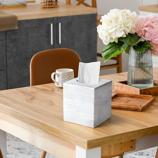Wood Tissue Box Cover Square - Wooden Tissue Box Holder for Tabletop Night Stands Bathroom Office - Decorative White Facial Cube Tissue Box Cover