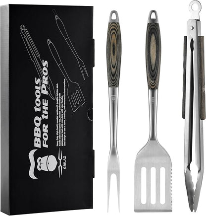 Grilaz Stainless Steel BBQ Tool Set with Veined-Dyed Wooden Handles | Heavy Duty Grilling Accessories | 3-Piece Outdoor Barbecue Grill Utensil Set with Spatula, Fork, and Tongs - Ideal Gift for Men…