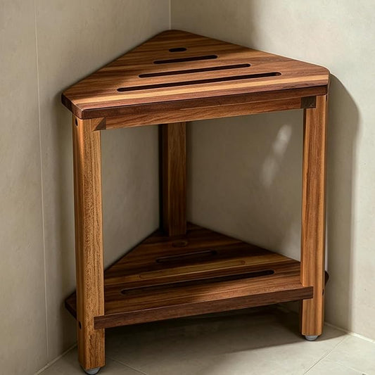 IBosins Corner Shower Stool with Storage Shelf Shower Foot Rest for Shaving Legs Small Bench for Inside Shower to Sit on Bath Seat - Acacia Wood, 16.1in