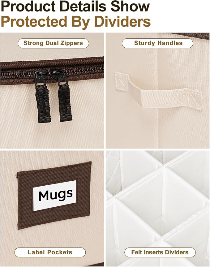 punemi Mug Storage Organizer, Coffee Mug Storage Boxes with Padded Dividers & Hard Shell Support, Stackable Tea Cup Storage Containers with Handles for Packing, Moving & China Storage, Beige, 2 Pack