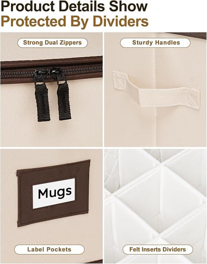 punemi Mug Storage Organizer, Coffee Mug Storage Boxes with Padded Dividers & Hard Shell Support, Stackable Tea Cup Storage Containers with Handles for Packing, Moving & China Storage, Beige, 2 Pack