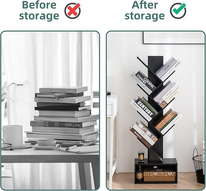 Yoobure Tree Bookshelf, 6 Tier Small Book Shelf Retro Floor Standing Bookcase, Wood Book Storage Organizer Rack, Tall Narrow Bookshelves for Corner/Bedroom/Living Room/Home Office, Black