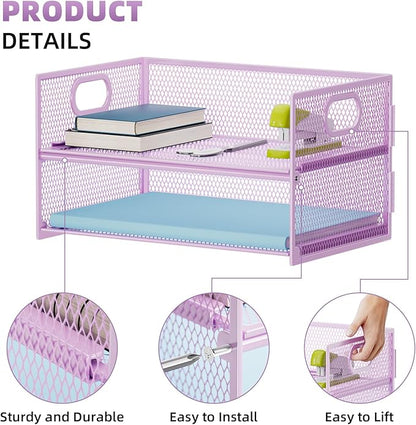 Marbrasse 2 Tier Paper Organizer Letter Tray, Mesh File Organizer with Handle, Paper Sorter Desk Organizer for Home Office Supplies - Purple