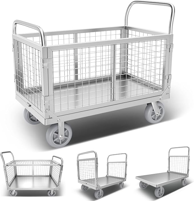 Platform Truck Cart with Cage, 6-in-1 Flatbed Utility Carts, Foldable Heavy Duty Push Cart Dolly W/Swivel Wheel, Rmovable Side, 1800lbs Capacity, 39"x24" Hand Truck for Groceries, Garage, Warehouse