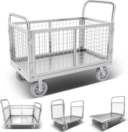 Platform Truck Cart with Cage, 6-in-1 Flatbed Utility Carts, Foldable Heavy Duty Push Cart Dolly W/Swivel Wheel, Rmovable Side, 1800lbs Capacity, 39"x24" Hand Truck for Groceries, Garage, Warehouse