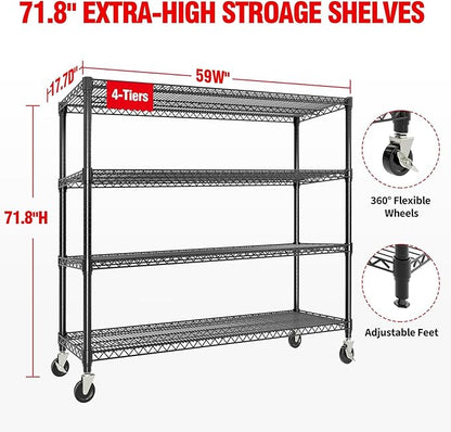 GarveeLife 72" H Storage Shelves with Wheels 2640 LBS Heavy Duty Metal Shelving 4-Tier Wire Shelving for Corner Storage Rack Adjustable Pantry Shelf for Kitchen Pantry, 72" H x 59" W x 17.7" D