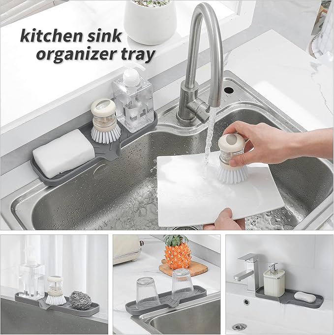 MicoYang Silicone Soap Dish with Drain Spout — Self-Draining Double Sink Organizer Tray for Kitchen & Bathroom, Dispensers, Sponges & Soap Holder, Non-Slip & Dishwasher Safe, Grey (Large, 12"×4")