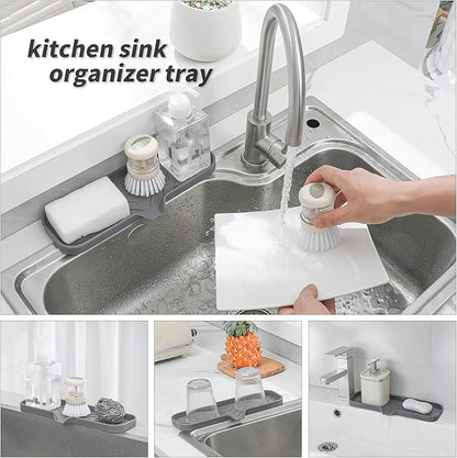 MicoYang Silicone Soap Dish with Drain Spout — Self-Draining Double Sink Organizer Tray for Kitchen & Bathroom, Dispensers, Sponges & Soap Holder, Non-Slip & Dishwasher Safe, Grey (Large, 12"×4")