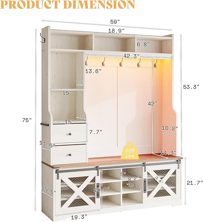 AMERLIFE 7-in-1 Farmhouse Hall Tree with Bench and Shoe Cabinet, LED Entryway Organizer with 2 Drawers, 12 Shoe Cubbies & Barn Doors, 7 Coat Racks with Shoe Storage, Rustic White