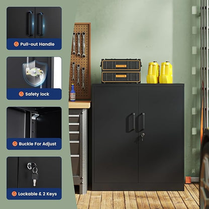 Yizosh Metal Garage Storage Cabinet with 2 Doors and 2 Adjustable Shelves - 35.5" Steel Lockable File Counter Cabinet for Home Office,Garage,Gym,School（Black）
