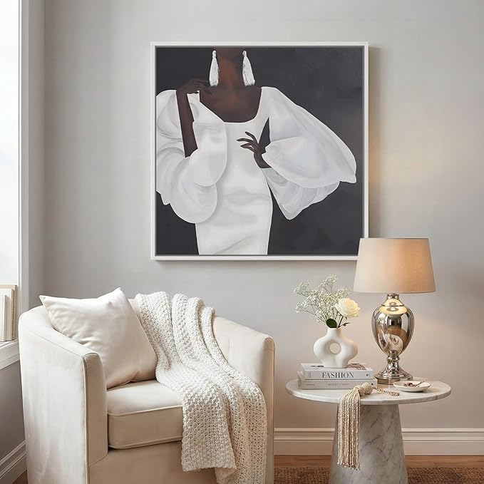 Framed Black and White Wall Art, Square Modern Canvas Portrait Prints Paintings for Walls, Contemporary Minimalist Elegant Black Woman Pictures for Dining Room Bedroom Hallway Wall Decor 24x24 In