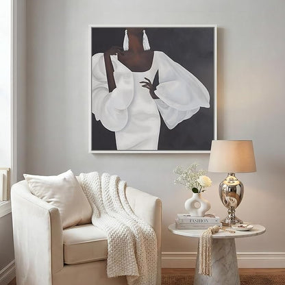 Framed Black and White Wall Art, Square Modern Canvas Portrait Prints Paintings for Walls, Contemporary Minimalist Elegant Black Woman Pictures for Dining Room Bedroom Hallway Wall Decor 24x24 In