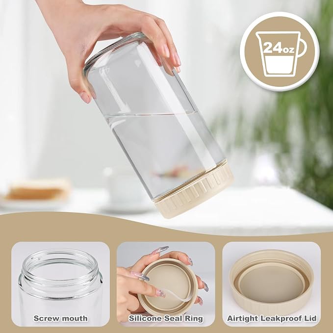SHOWIN Overnight Oats Containers with Lids, 24oz Glass Jars with Lids 2 pcs, Apricot, Wide Mouth Mason jars for Salad, Yogurt, Snacks, Meal Prep