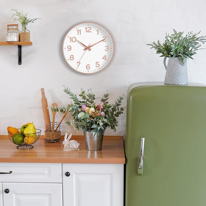 Roymnie Wall Clock, Silent Wall Clocks Battery Operated 8 Inch-Modern Non Ticking Analog Clock Decorative for Kitchen Office Bathroom Bedroom(White Rose Gold)