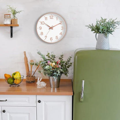 Roymnie Wall Clock, Silent Wall Clocks Battery Operated 8 Inch-Modern Non Ticking Analog Clock Decorative for Kitchen Office Bathroom Bedroom(White Rose Gold)