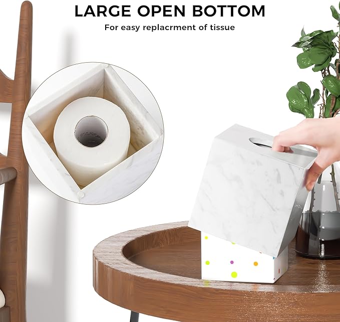 N NANSHOP Natural Marble Tissue Box Holder Cover, Square Cube Tissue Box Holder with Open Bottom for Bathroom Vanity Tops, Bedroom Dressers, Kitchen Countertop, White Tissue Box(NS021)