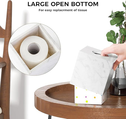 N NANSHOP Natural Marble Tissue Box Holder Cover, Square Cube Tissue Box Holder with Open Bottom for Bathroom Vanity Tops, Bedroom Dressers, Kitchen Countertop, White Tissue Box(NS021)