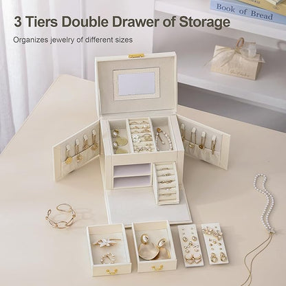 CASEGRACE Jewelry Box Organizer for Women Girls, Three Layer Jewelry Storage Box with Mirror PU Leather Jewelry Display Case for for Bracelets, Earrings, Rings, Necklaces,White