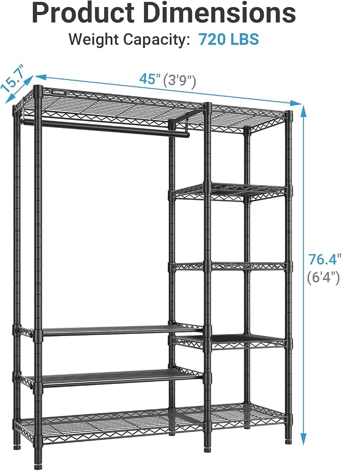 VIPEK V7S Clothes Rack Heavy Duty Max Load 720lbs, Garment Rack with 7 Tiers Adjustable Shelves Portable Closet Metal Sturdy Wardrobe Storage System for Walk-in Closet (Black)