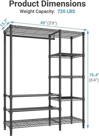 VIPEK V7S Clothes Rack Heavy Duty Max Load 720lbs, Garment Rack with 7 Tiers Adjustable Shelves Portable Closet Metal Sturdy Wardrobe Storage System for Walk-in Closet (Black)