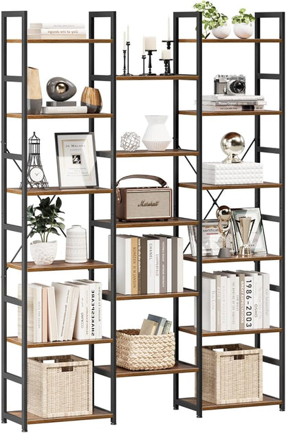 NUMENN Triple Column 6 Tier Bookshelf, Bookcase with 17 Open Display Shelves, Adjustable Rustic Industrial Style Book Shelves, Modern Bookshelves for Bedroom, Living Room and Home Office, Vintage