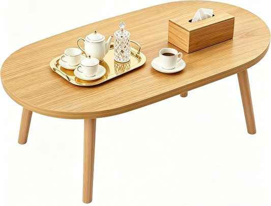 Coffee Table Low Table with Solid Wood Legs, 31.5x19.7" Large Coffee Table Side Table, Floor Table Desk for Sitting on The Floor, Living Room Furniture for Office Apartment Home, Oval Natural