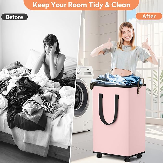 SpaceTrove Laundry Basket with Wheels, Collapsible Laundry Baskets, Laundry Hamper with Handles Detachable Wheels, Rolling Laundry Basket, Dirty Clothes Hamper for Bathroom, Dorm, Bedroom, Pink, 100L