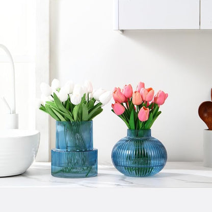 Ribbed Glass Vases, Set of 2 Fluted Vases for Flowers, Blue Glass Vase for Tulips, Modern Vase for Living Room, Kitchen, Office, Entryway, Mantle, Bookshelf, Wedding Gifts, Birthday