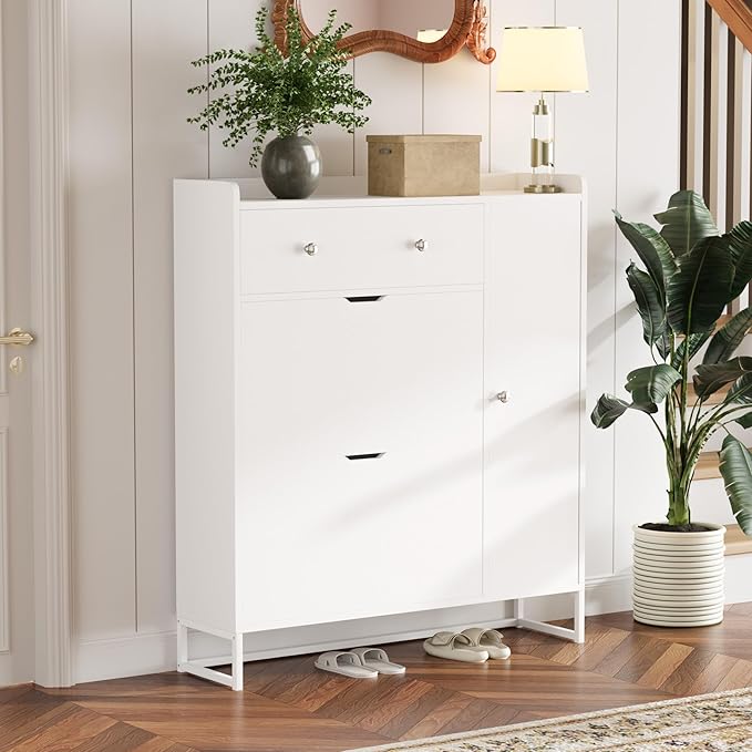 YESHOMY Shoe Cabinet for Entryway, Shoe Storage Cabinet with 2 Flip-Front Doors & Drawers, Shoes Organizer for Living Room and Hallway, White