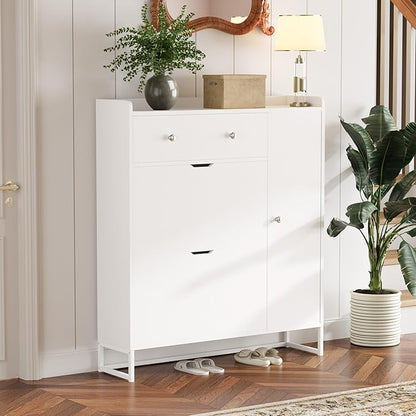 YESHOMY Shoe Cabinet for Entryway, Shoe Storage Cabinet with 2 Flip-Front Doors & Drawers, Shoes Organizer for Living Room and Hallway, White