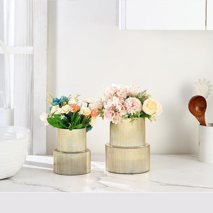 Ribbed Glass Vases for Bouquet, Set of 2 Gold Vases for Flowers, Gold Glass Vase for Tulips, Modern Vase for Living Room, Office, Coffe Table, Dining Table, Shelf, Wedding