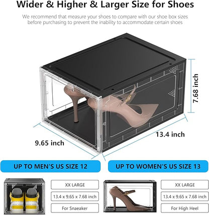 10 Pack Hard Sturdy Thickened Rigid XX Large Shoe Storage Organizer for Closet, Clear Stackable Sneaker Shoe Boxes Rack Containers Display Case Bins with Lids, Black Clear02