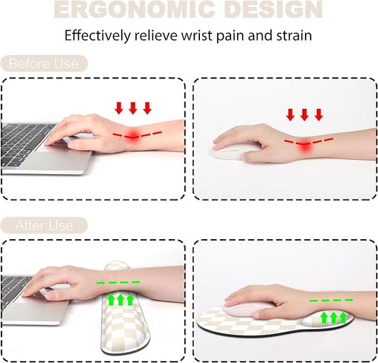 Ergonomic Mouse Pad with Wrist Rest and Keyboard Wrist Rest, Mousepad and Keyboard Pad, Non-Slip Rubber Base, Pain Relief, Mouse Pad with Wrist Support for Gaming, Computer, Office, Beige Checkered