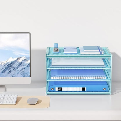 Lavatino 3-Tier Letter Tray Desk Organizer, Mesh Metal Paper File Tray Organizer for Desk, Office Supplies & Home Organization, Fits A4 Paper, Mail, Magazines & Office Accessories (Blue with Handle)