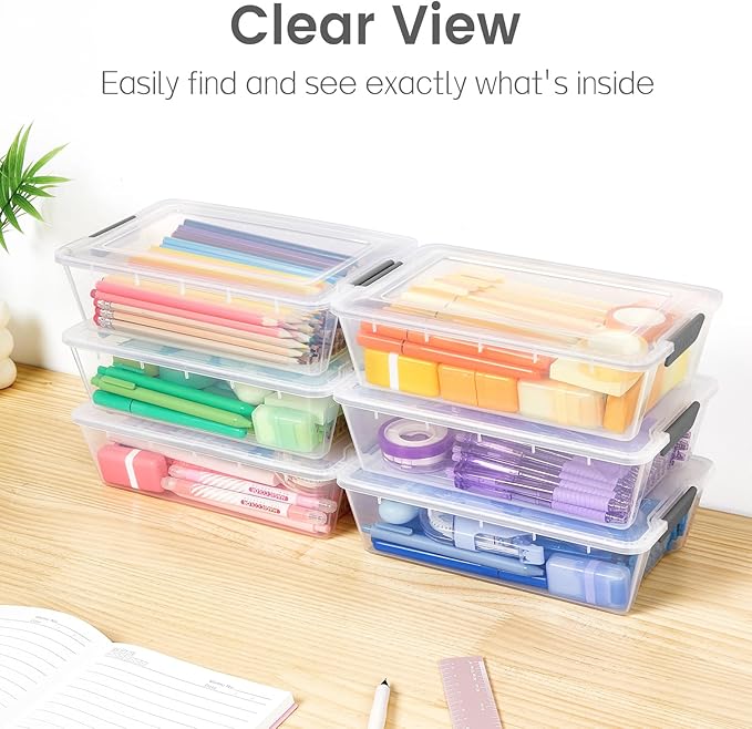 Sooez 6 Pack Pencil Boxes, New Extra Large Pencil Case, Stackable Crayon Pen Box, Clear Marker Organizer Craft Storage, Plastic Containers with Lids, Art Storage Box for School Supplies, Purple