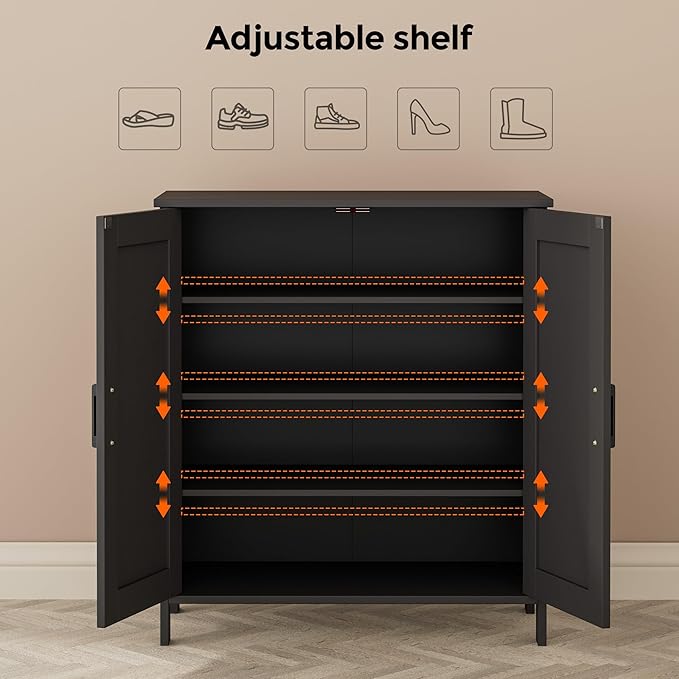 Homleke Farmhouse Shoe Cabinet with 2 Barn Doors & Wood Legs, 5-Tier Shoe Storage Cabinet with 3 Adjustable Shelves, Tall Shoe Rack Organizer for Closet, Shoe Organizer for Entryway, Hallway, Black