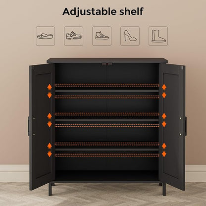 Homleke Farmhouse Shoe Cabinet with 2 Barn Doors & Wood Legs, 5-Tier Shoe Storage Cabinet with 3 Adjustable Shelves, Tall Shoe Rack Organizer for Closet, Shoe Organizer for Entryway, Hallway, Black