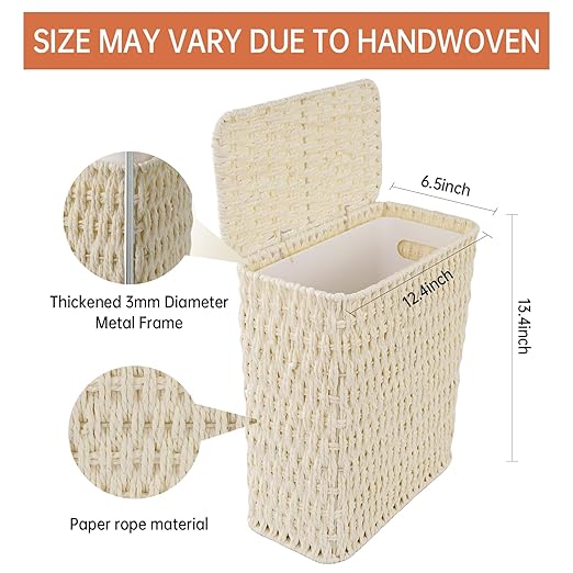 3 Gallon Paper Rope Bathroom Trash Can,Small Wicker Trash Cans with Lid and Liner,Woven Rattan Narrow Waste Basket for Bedroom,Office,White