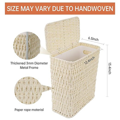 3 Gallon Paper Rope Bathroom Trash Can,Small Wicker Trash Cans with Lid and Liner,Woven Rattan Narrow Waste Basket for Bedroom,Office,White