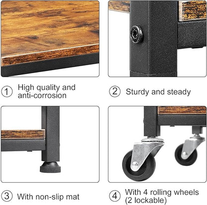 CADUKE Rolling Kitchen Cart Industrial Serving Cart 4 Tier Wood Utility Island on Wheels Rolling Bar Cart with Storage Farmhouse Microwave Table Serving Trolley Stand for Bathroom Living Room, Brown